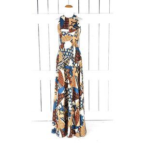 70s vintage brown floral psychedelic print sleeveless peep halter top maxi dress